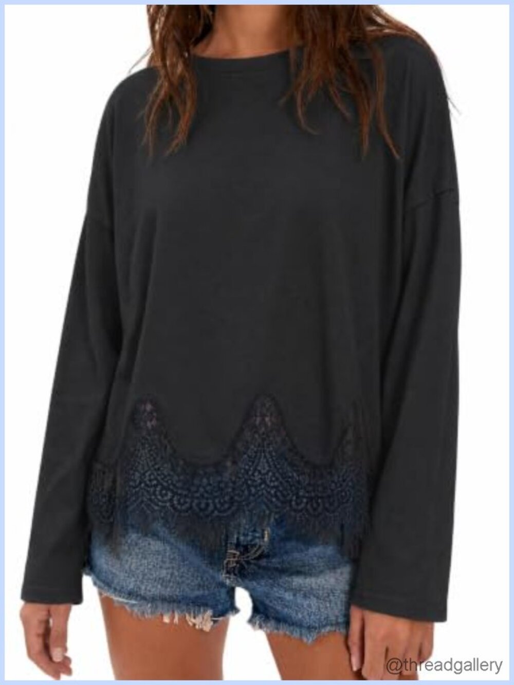 Womens Oversized Crew Neck Long Sleeve Tee Lace Trim Hem Casual Top